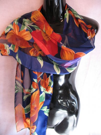 Large Floral Print Blue Red Orange Green Scarf Scarves