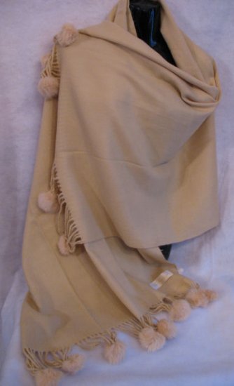 Camel Pashmina Shawl rabbit Fur Pom Poms wrap scarf