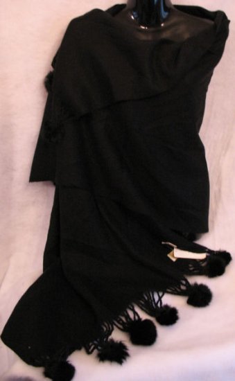 Black Pashmina Shawl Scarf rabbit fur trim Wrap