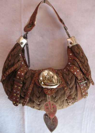 Inspired Cable Knit Tan Handbag Bag Purse Crystals stud