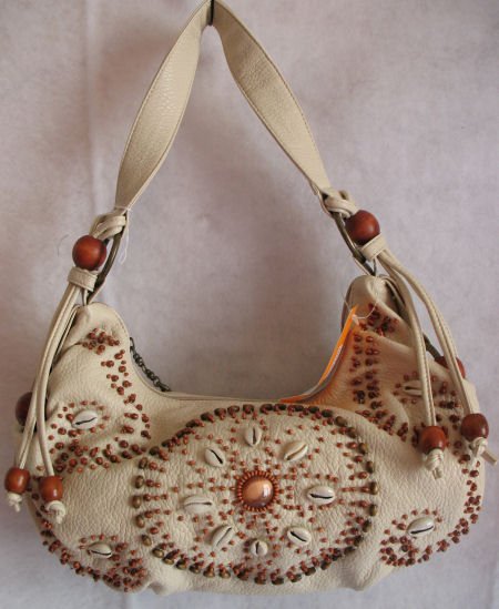 Beige Wood beaded handbag bag Purse tassel shell