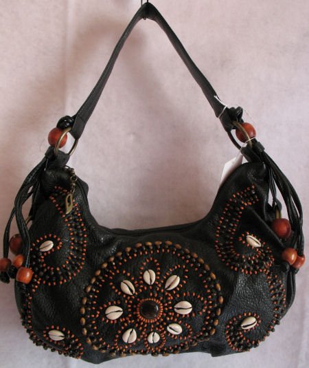 Black Pebble grain faux leather Wood beaded purse bag