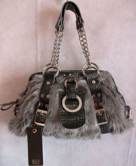 Beautiful Faux grey Fur croc trim crystal accents purse Gray