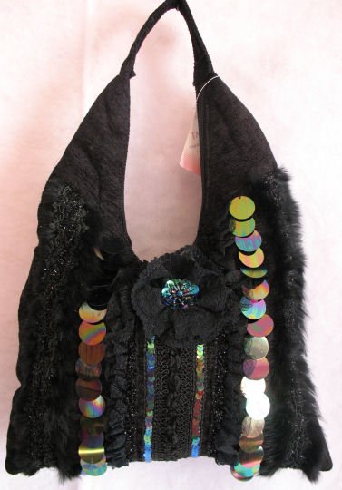 Black Woven fabric handbag Rabbit fur trim Sequins