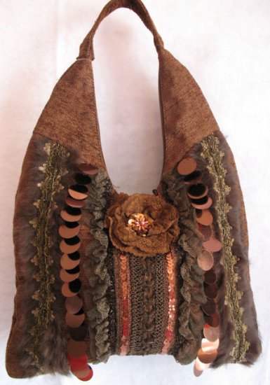 Brown Woven fabric handbag Rabbit fur trim Sequins