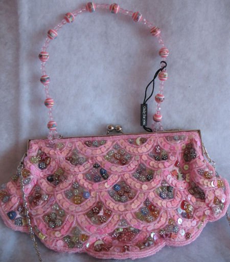 Pink Scalloped Button Clutch evening bag prom Beaded
