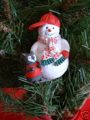 SNOWMAN IN A BASEBALL CAP WITH SQUIRREL ORNAMENT, **NEW**