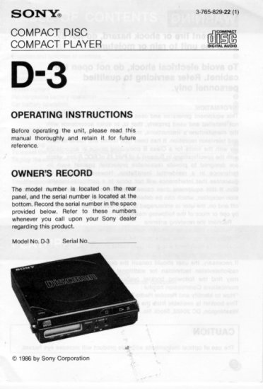 SONY D-3 CD PLAYER OWNER'S MANUAL *NEW*