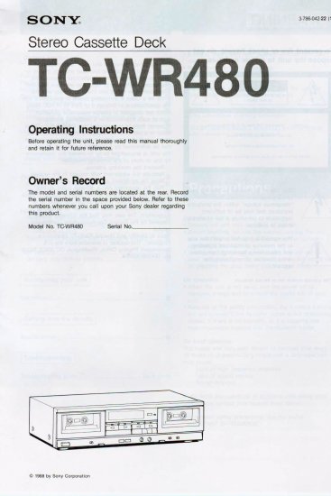 SONY TC-WR480 STEREO CASSETTE DECK OWNER'S MANUAL *NEW*
