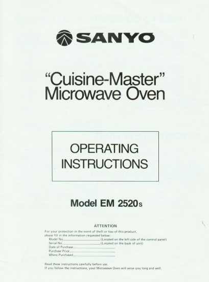 SANYO MICROWAVE EM-2520s OWNER'S MANUAL **NEW**