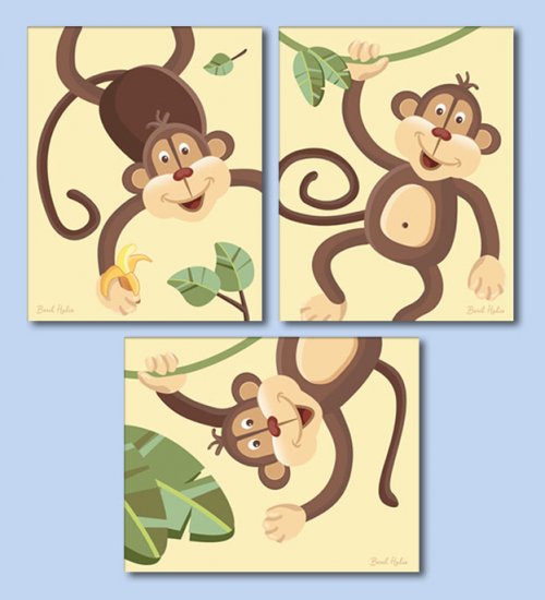 Set of 3 Art Prints for Nursery Jungle Monkey Business