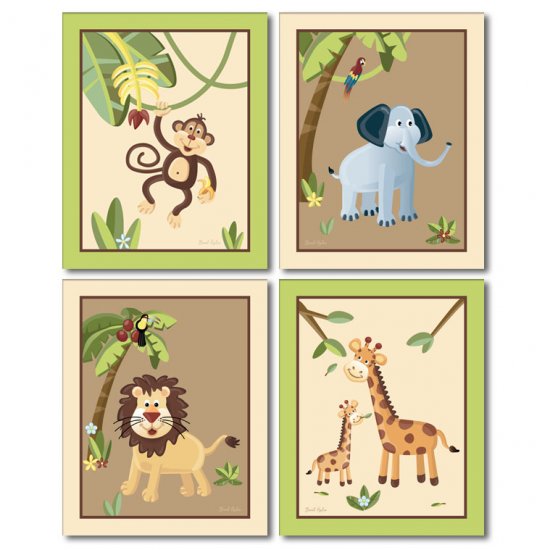 SET OF 4 ART PRINTS 8x10 SAFARI JUNGLE ANIMALS