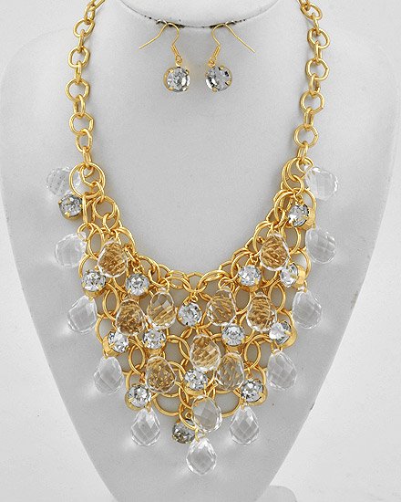 Goldtone Metal / Clear Acrylics Graduating / Charm Necklace & Fish Hook Earring Set