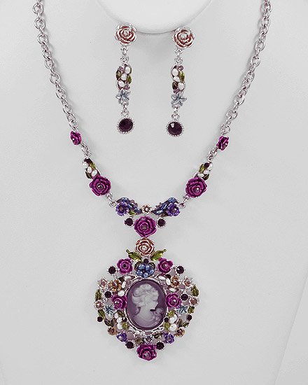 Silvertone / Multi Colored Epoxy crystal Flower Theme Cameo Pendant Necklace & Post Earring Set