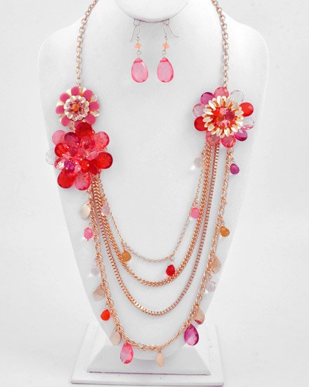 Goldtone / Pink Crylic Multi Strand Flower Necklace Fish Hook Earring Set