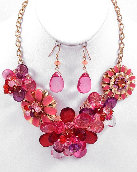 Goldtone / Red Acrylics Flower Necklace & Fish Hook Earring Set