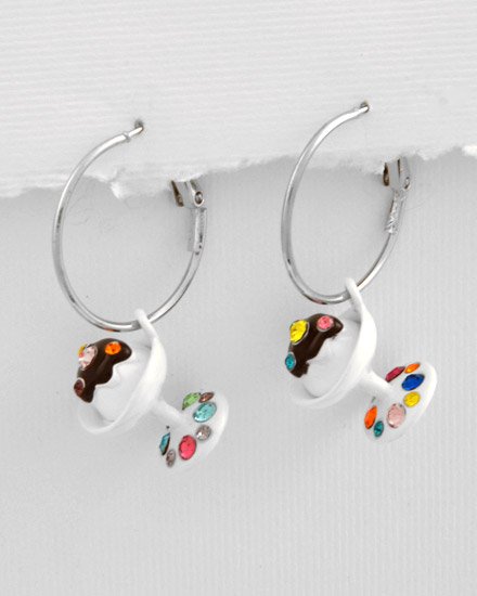 Silvertone White Epoxy ice cream Multi Colored crystals Sundae Charm Post Earring Set