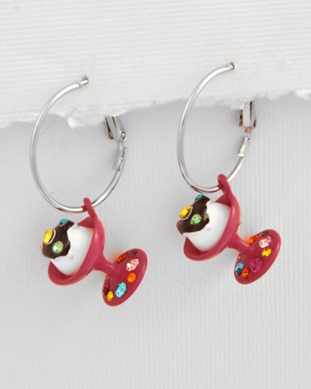 Silvertone Fuchsia Epoxy Multi Colored swarovski crystals Sundae ice cream Charm Post Earring Set