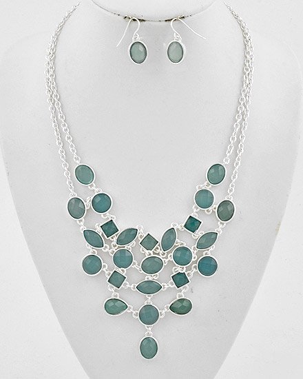 Silvertone / Turquoise Lucites Multi Strand Cascading Necklace & Hook Earring Set