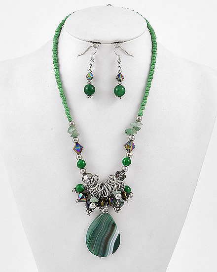 Silvertone / Green / Gemstone Hook (earrings) / Pendant / Necklace & Earring Set