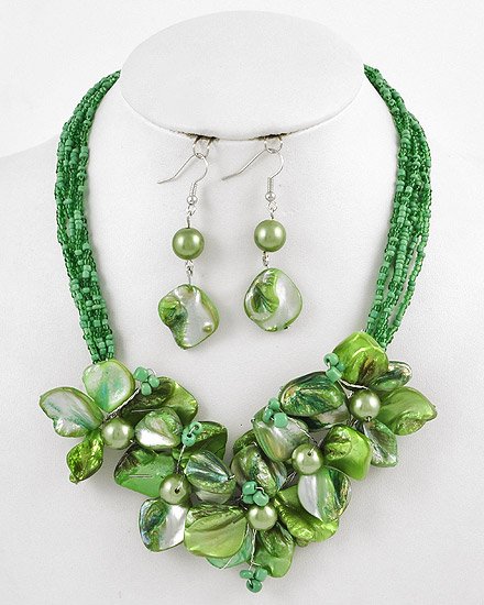 Silvertone Green Beads & Shell Hook earrings Multi Strands / Flower / Necklace & Earring Set