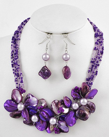 Silvertone Purple Seeds Beads & Shell Hook earrings Multi Strands / Flower / Necklace & Earring Set