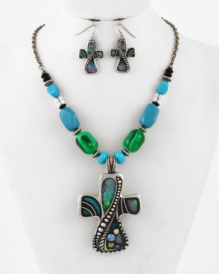 Burnish Silver Tone Blue Acrylic Epoxy Hook (earrings) / Pendant / Cross / Necklace & Earring Set