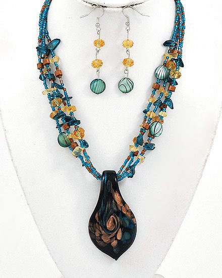 Silver Tone / Teal Glass Hook earrings Pendant Necklace & Earring Set