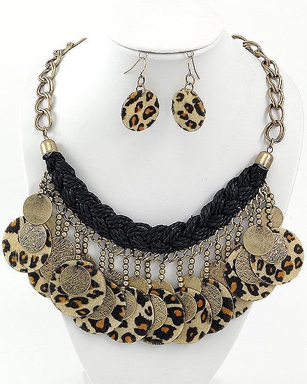 Burnished Gold Tone Leopard Fabric Leopard Print Charm Necklace & Fish Hook Earring Set
