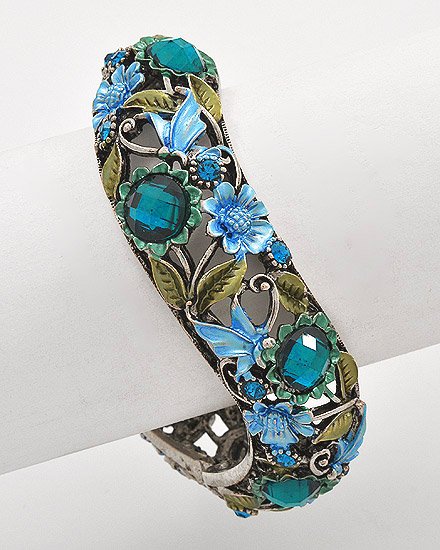 Burnished Gold Tone Finish / Auqa blue Epoxy & Acrylic / Flower Design / Fold-over Bracelet