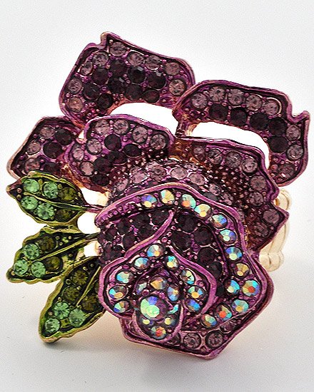 Gold Tone / Purple swarovski crystals / Flower / Stretch Ring