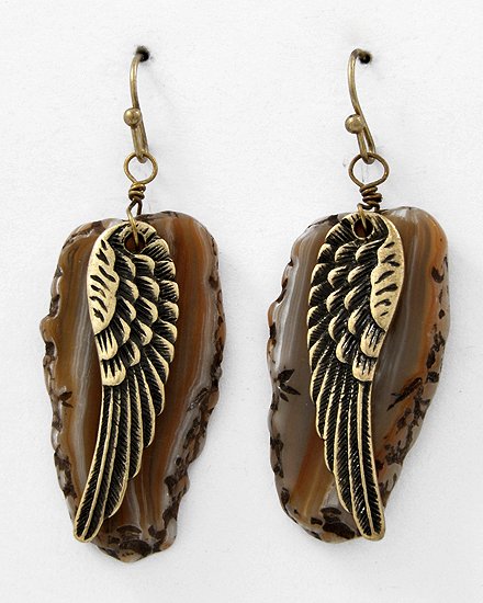 Burnished Gold Tone / Brown Gemstone Angle Wing Dangles / Fish Hook Earring Set
