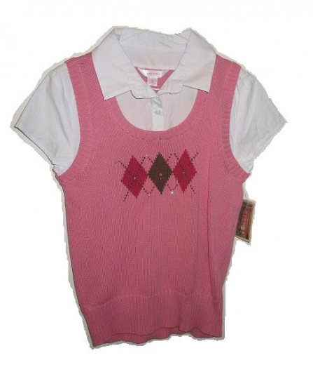 ARIZONA Pink Argyle Sweater Vest Shirt L 14/16 NWT