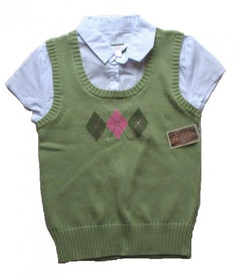 ARIZONA Girls Green Argyle Sweater Vest Shirt L 14 16 NEW