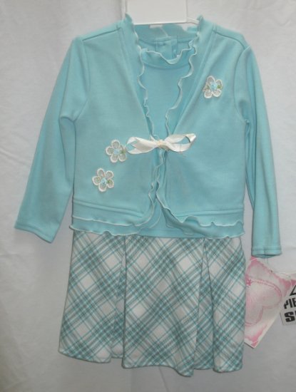 YOUNGLAND Girls Aqua Plaid Cardigan Skirt Dress 24 Mo NEW