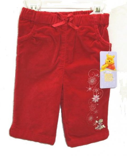 DISNEY Winne The Pooh Girls Red Velvet Holiday Pants 3 6 Mo NEW