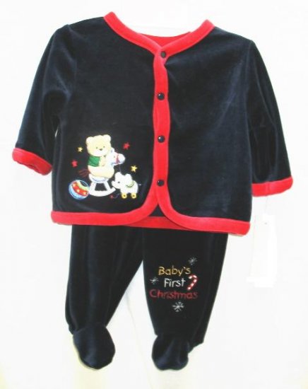 BABY HEADQUARTERS Boys Navy Blue Velour Holiday Christmas Outfit 0 3 Mo NEW