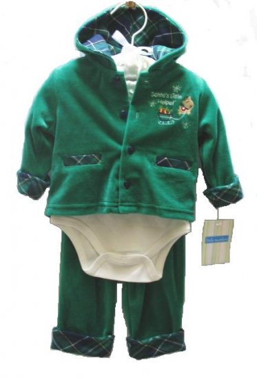 LITTLE WONDERS Boys Green Velour Holiday Santa 3pc Outfit Set 0 3 Mo NEW