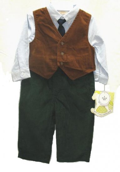 LITTLE BITTY Boys 4pc Holiday Dress Outfit Tie Vest Cord Pants 12 Mo NEW
