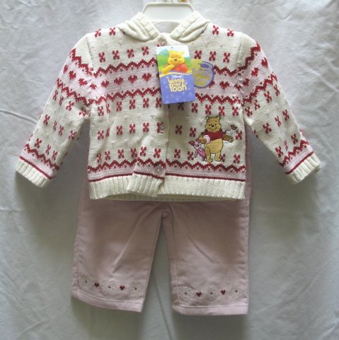 DISNEY Girls Pooh 3pc Outfit Set Pink Cord Pants Hoodie Sweater 12 Mo NEW