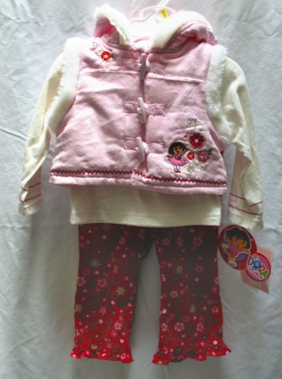 NICK JR. DORA Girls 3pc Winter Outfit Set Pink Velour Vest Cord Pants 12 Mo NEW