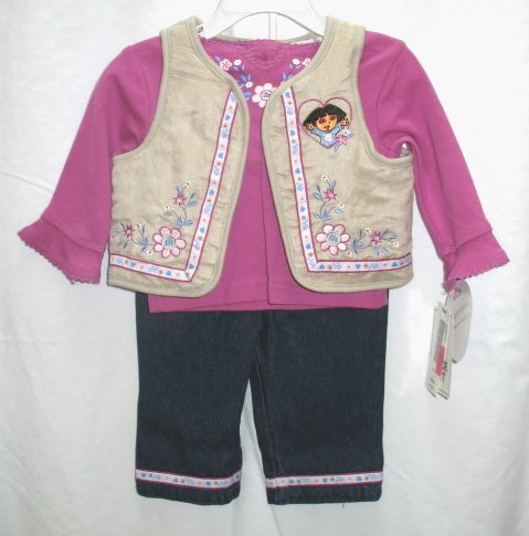 NICK JR. DORA Girls 3pc Outfit Set Jeans Suede Vest Top 12 Mo NEW