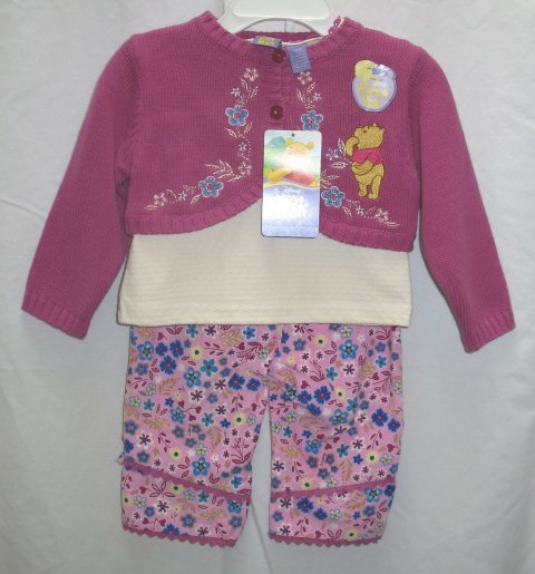 DISNEY Girls Pooh 3pc Outfit Set Cord Pants Shirt Top Shrug Sweater 12 Mo NEW