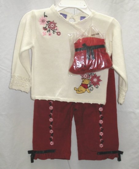 DISNEY POOH 3pc Outfit Set Red Cord Pants Cream Sweater Hat 24 Mo NEW