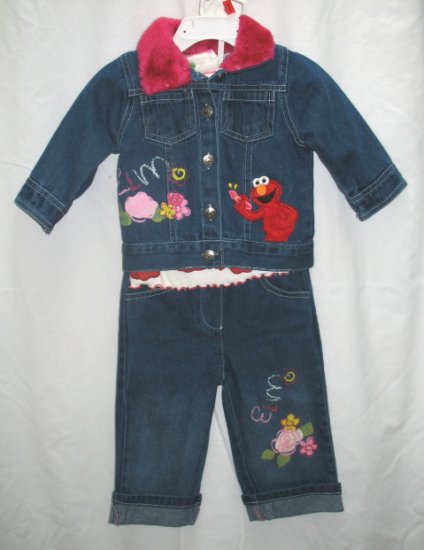 ELMO Girls 3pc Outfit Set Denim Jeans Jacket Shirt Top 12 Mo NEW