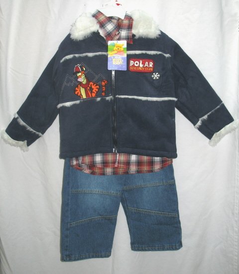DISNEY TIGGER Boys 3pc Outfit Set Navy Suede Coat Shirt Jeans 3T NEW