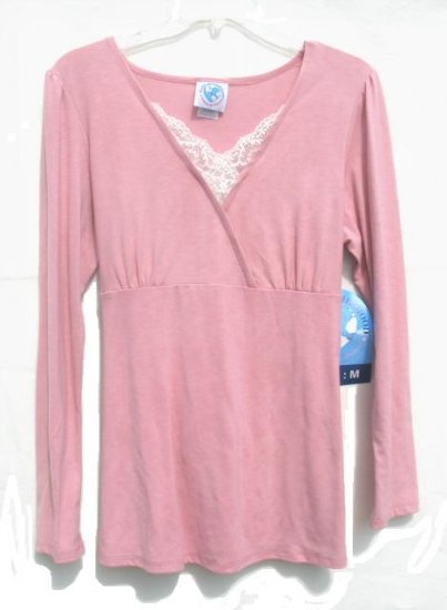PLANET MOTHERHOOD Maternity Pink Lace Wrap Bodice LS Shirt M NEW