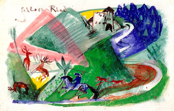 Castle Ried wild animals deers man on horseback equestrian landscape canvas art print by Franz Marc