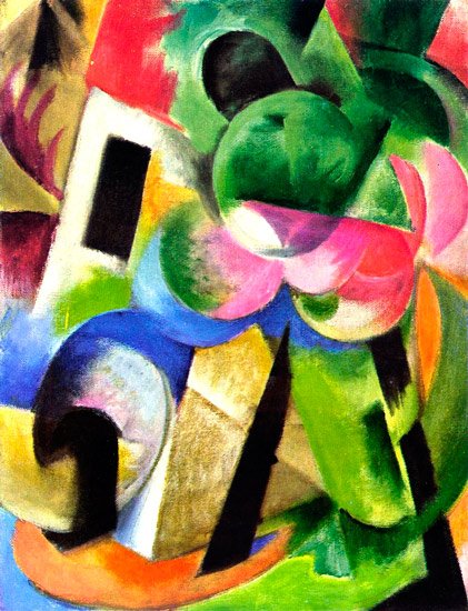 Small Composition II House with Trees landscape canvas art print by Franz Marc
