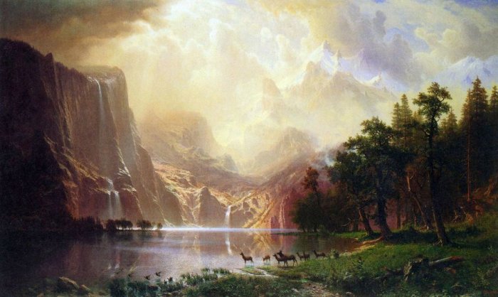 Between the Sierra Nevada Mountains American West landscape canvas art print by Albert Bierstadt